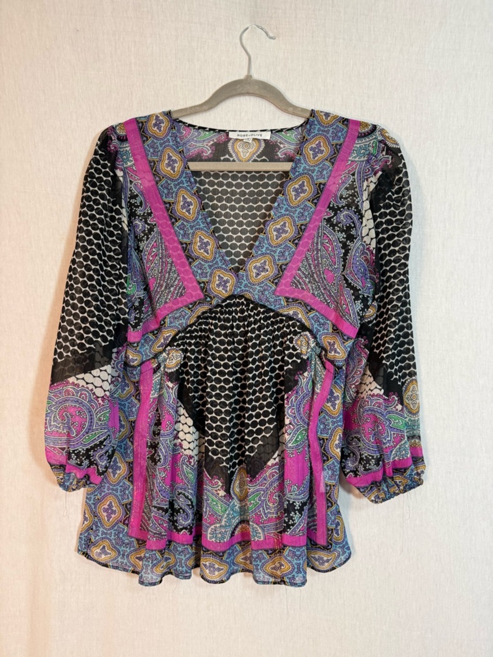 Rose + Olive S Sheer Boho Paisley Peasant Top in Black and Fuchsia